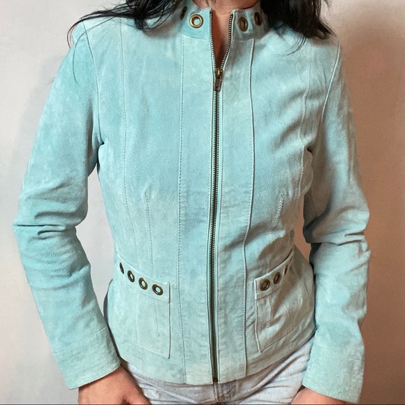 VINTAGE RARE BLUE DYED 100% LEATHER RIVETED COAT - Picture 3 of 5